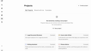 Project management dashboard with tools and examples listed.