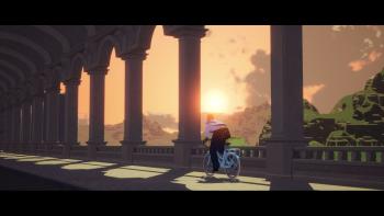 Estelle, SEASON's protagonist, rides her bike over a bridge in the late afternoon.