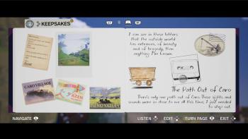 Estelle's journal page uses stickers, photos, and in-game quotes to mark her journey out of Caro, her village, and into whatever lies beyond it.