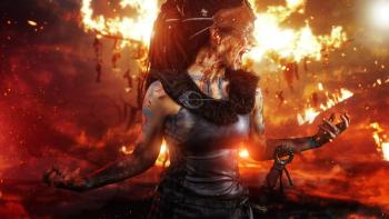 Senua's Saga—Hellblade II screenshot: Senua screaming in front of a fire