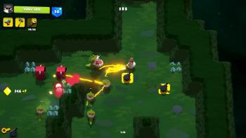 Serious Sam shoots a weapon that electrocutes a number of foes in a forest setting.