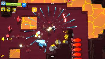 Players can assume control of other characters like Netriska: a robot who is seen firing a gun that freezes enemies around her in a volcanic environme