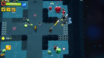 The player is shown aiming a crossbow in a watery cavern.