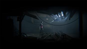 A man in a futuristic battle suit, who has crashed through the ceiling, holds out his hand to the main character.