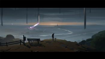 The main character and his pet dog stand atop a precipice overlooking a valley with a river. Ominous pillars float in the sky, with one emitting a pur