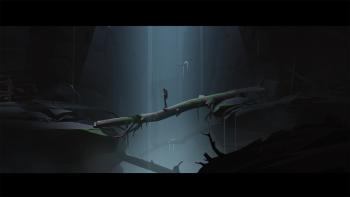 The main character crosses a chasm with the help of a topped tree. A waterfall is just behind him.