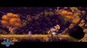 The player faces off against a monster rising from its cavern with a club.. 