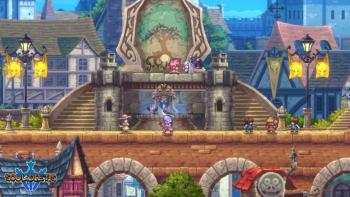 The player stands in front of a waterfall of a beautiful, colorful, medieval village.