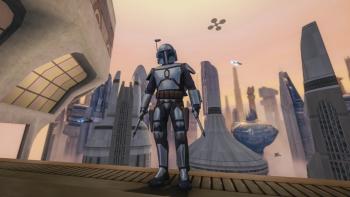 Star Wars: Bounty Hunter (2024): Jango stands on a platform on Coruscant.