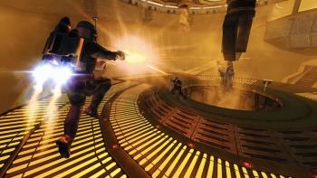 Star Wars: Bounty Hunter (2024): Jango blasts into the air and fires on an enemy.