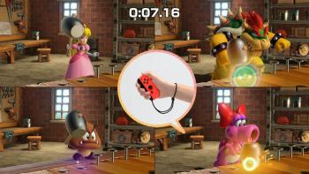 Super Mario Party Jamboree: Peach, Bowser, and other characters try to hammer nails with a mallet