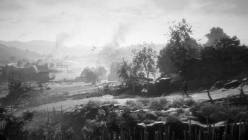 A young Hiroki takes a dirt path down to investigate his village, which has plumes of smoke rising from some houses.