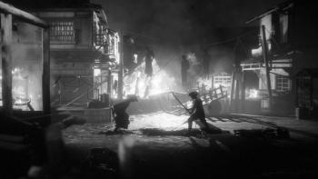 Hiroki rushes toward another samurai with blood and bodies scattered around them both.