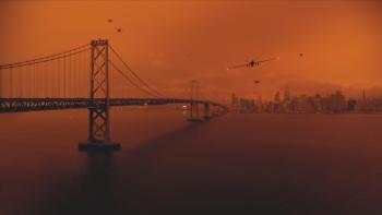 2073: A futuristic city landscape with an orange-red colored sky