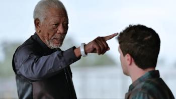 57 Seconds Movie: Morgan Freeman points in front of Josh Hutcherson