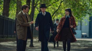 Joy: James Norton, Bill Nighy, and Thomasin McKenzie walking through a park