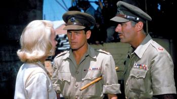 Exodus: Paul Newman and another man, both in uniform, facing Eva Marie Saint
