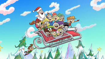 A Loud House Christmas Movie: Naughty or Nice movie: the Loud House gang sits with Santa on his sleigh