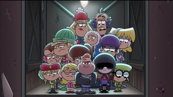 A Loud House Christmas Movie: Naughty or Nice movie: the Loud House gang looks sadly at the floor as an elevator opens