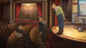 A Magnificent Life: A man stands on a stage and addresses an audience of two people