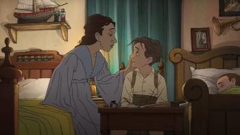 A Magnificent Life: A mother sits on a bed and talks to her young son while his brother sleeps