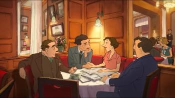 A Magnificent Life: Four people sit and chat in a restaurant