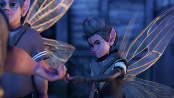 A Tooth Fairy Tale: An animated male fairy and tiny green female character with pink hair stand side by side with looks of surprise