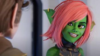 A Tooth Fairy Tale: An animated green female character looks at a male character out of focus with a smile on her face