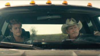 Accidental Texan Movie: Rudy Pankow and Thomas Haden Church drive in a truck together