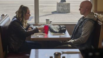 Adulthood movie: Billie Lourd talks to a skeptical Anthony Carrigan while sitting in a booth at a diner