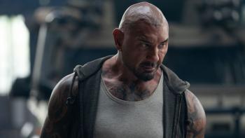 Afterburn: Dave Bautista looks on.