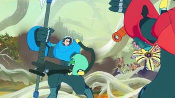 All You Need Is Kill movie: Keiji and Rita wear mech suits while fighting Darol plants 