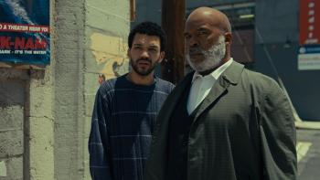 The American Society of Magical Negroes Movie: Justice Smith and David Alan Grier are on sidewalk, confused