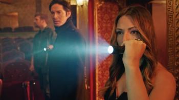 Angels Fallen: Nicola Posener holds a flashlight with Houston Rhines and Michael Teh in the background