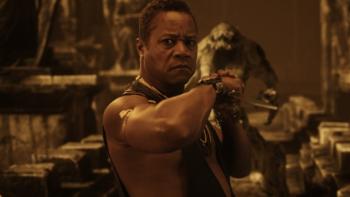 Angels Fallen -- Warriors of Peace: Cuba Gooding Jr. holding a weapon with a demon in the background