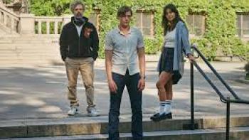 An Honest Life: Man and young man and woman stand on steps outside