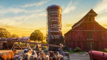 Animal Farm movie: Farm animals gather around a silo with rules written on it, like "no killing" and "no clothes"