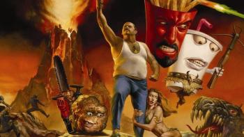 A man in a white tank top, jeans, and a gold chain holds his fist up high as he is surrounded by cartoon fast food.