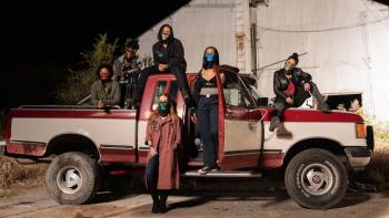 Asking for It Movie: (Clockwise) Joey, Angie, Regina, Beatrice, Jett, and Lily, all masked, pose on and around a pickup truck