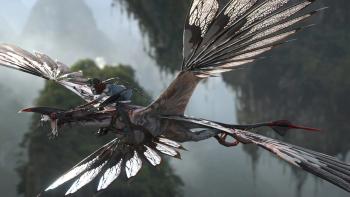 Avatar: Fire and Ash movie: A Na'vi rides a large winged creature