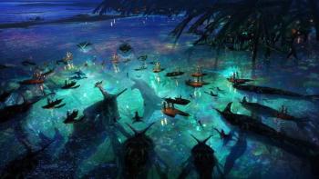 Avatar: Fire and Ash movie: Ships scattered across glowing turquoise waters in a battle scene, large creatures beneath the surface