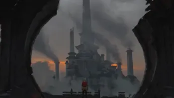 Avatar Aang The Last Airbender Movie: Aang stands in a broken archway overlooking a dark, smoky fortress in smokes with broken towering spires. 