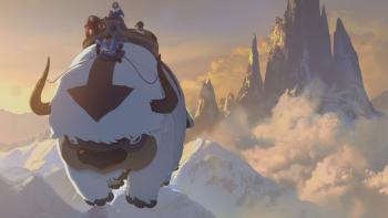 Avatar Aang The Last Airbender Movie: Zuko, Katara, Toph and Sokka ride Appa, the flying bison, in a mountainous cloudscape at sunset.