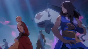 Avatar Aang The Last Airbender Movie: Toph, Aang, Zuko, Appa, Katara and Sokka on fighting stances in a mystical, glowing cave with beams of light.