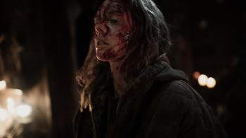 Azrael Movie: Her face covered in blood, Azrael (Samara Weaving) looks defiant