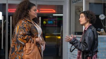 Babes Movie: Dawn and Eden face each other on the sidewalk, talking