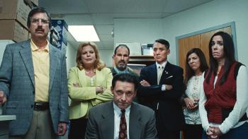 Bad Education TV Movie: Superintendent Frank Tassone (Hugh Jackman, center) and the school board, disappointed