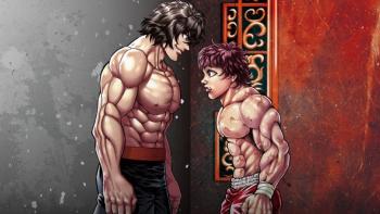 Baki Hanma VS Kengan Ashura movie: Two muscular shirtless fighters face off, taller one in black left, shorter one right
