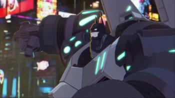 Batman Ninja vs. Yakuza League movie: Batman in a large robot armored mech suit center stands tall in a downtown city area