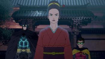 Batman Ninja vs. Yakuza League movie: Wonder Woman in Japanese kimono center is flanked by Batman left and Robin right